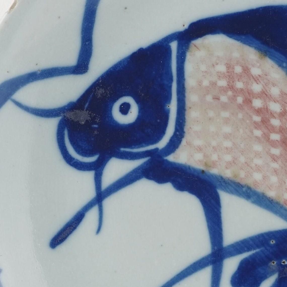 Antique Chinese Plate With Fish Motif, Decorative Plate With Carp, Chinese Blue And White Porcelain Circa 1897 1910 photo Home Decor