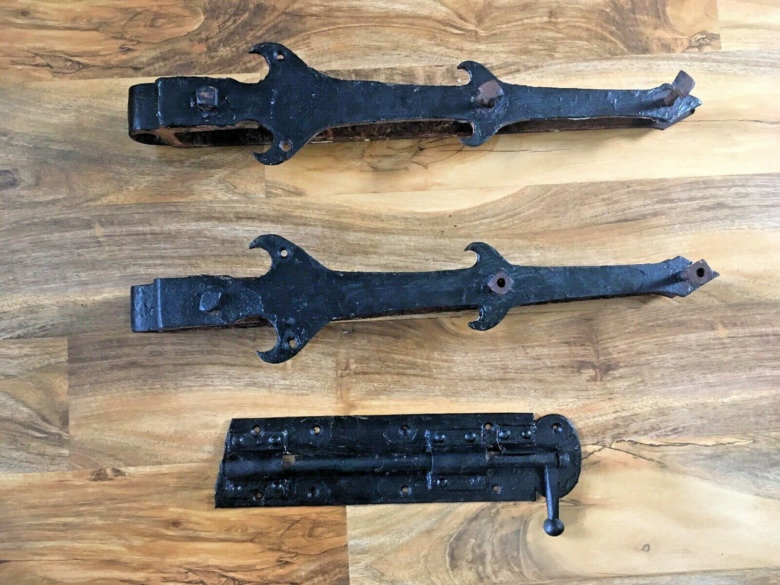 Huge Pair Of 2ft Antique Iron Art Nouveau Barn Door / Gate Strap Hinge Brackets photo vintage