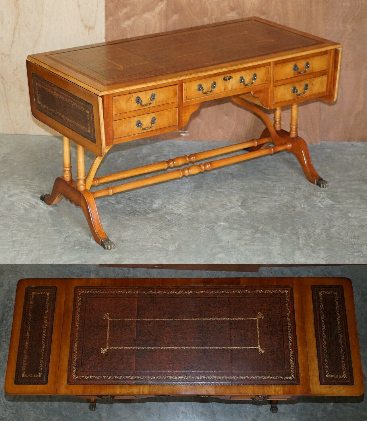 Extending Writing Table Desk, Burr Yew Wood Brown Leather Gold Leaf Embossed Top