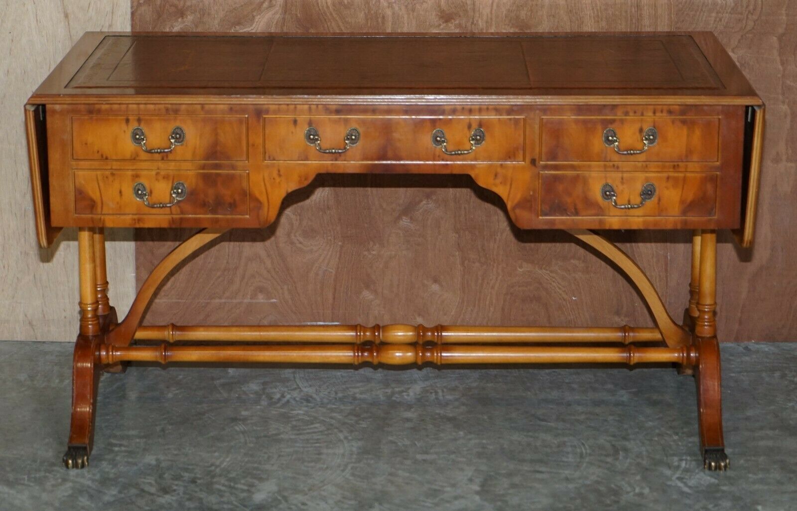 Extending Writing Table Desk, Burr Yew Wood Brown Leather Gold Leaf Embossed Top photo vintage