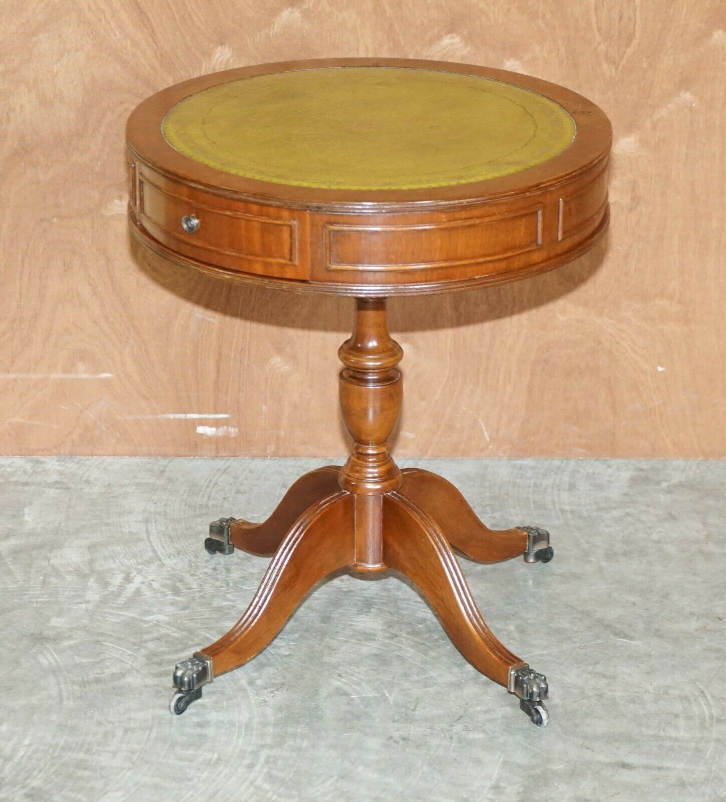 Lovely Regency Vintage Mahogany & Green Leather Twin Drawer Side End Table photo furniture