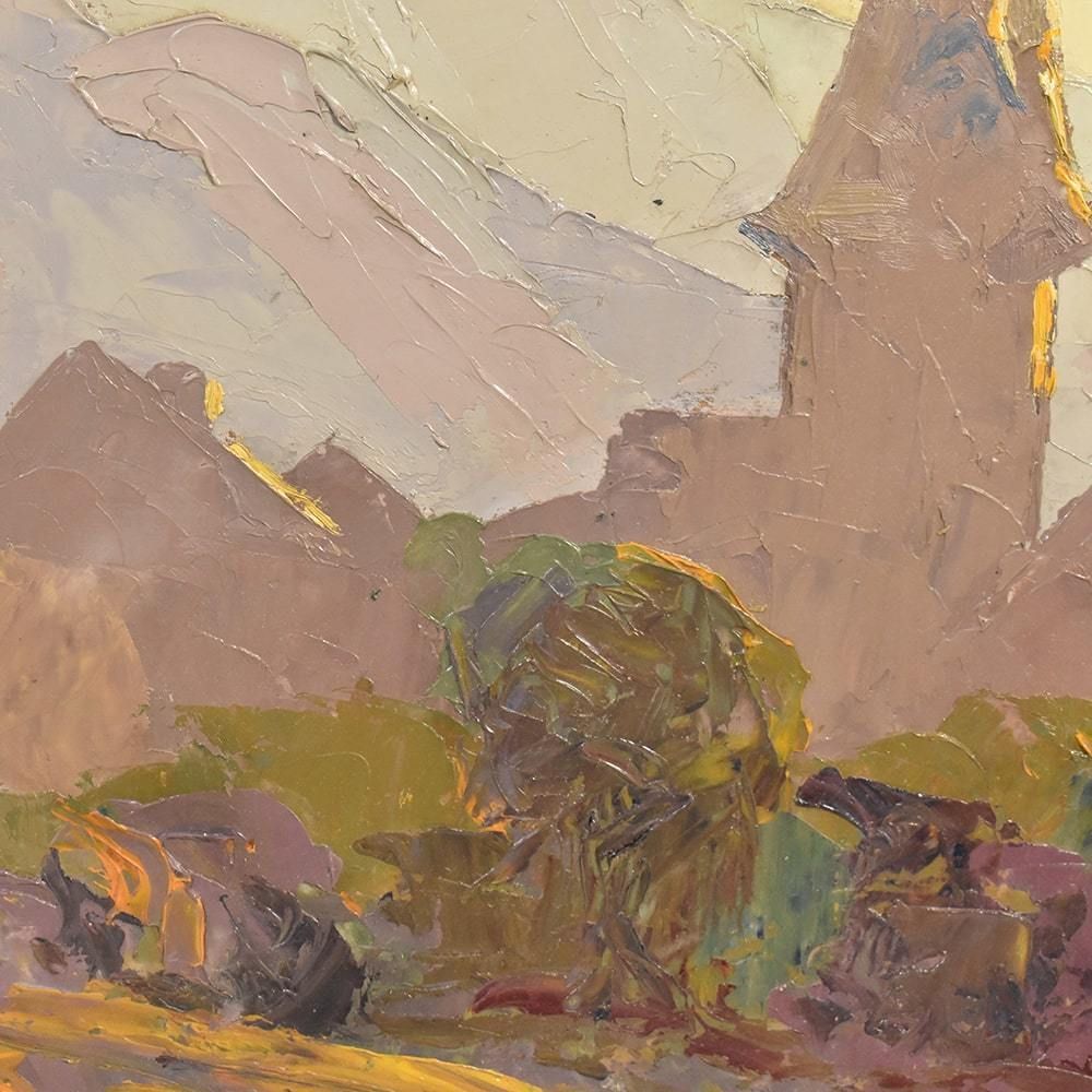 Landscape Oil Painting With Church, Art Deco, Early 20th Century. (Qp 384) photo Art