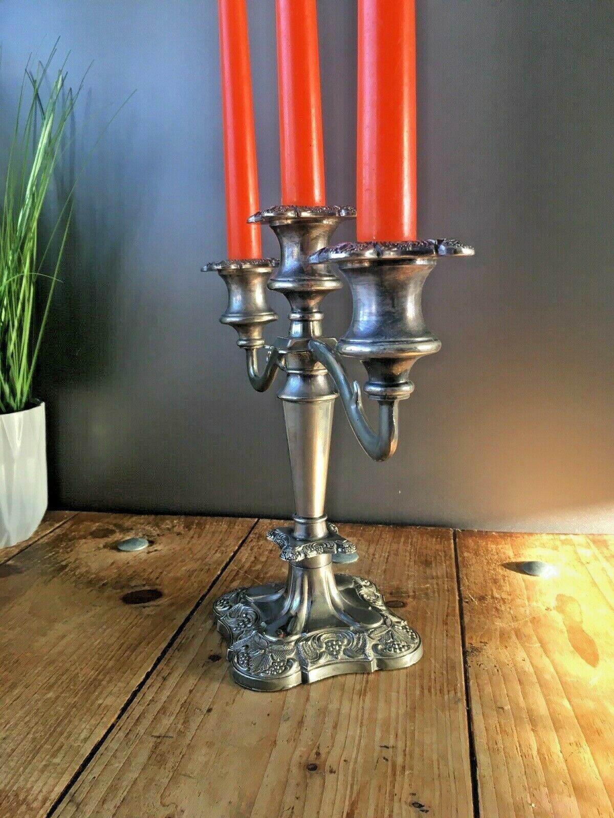 Quality English Silver Plated Leaf And Berry 3 Branch Candle Holder Candelabrum photo furniture