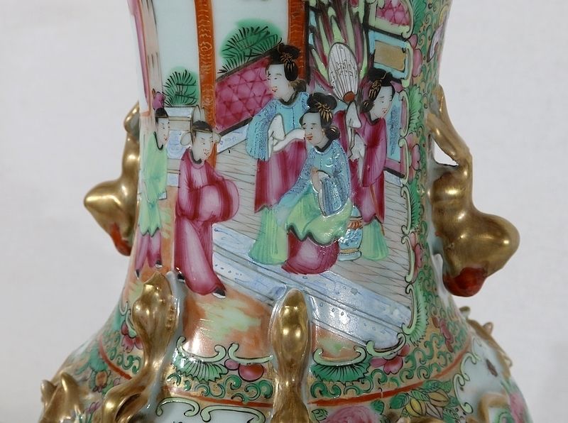 photo for sale Canton Porcelain Vase On Wooden Base, China, 19th Century