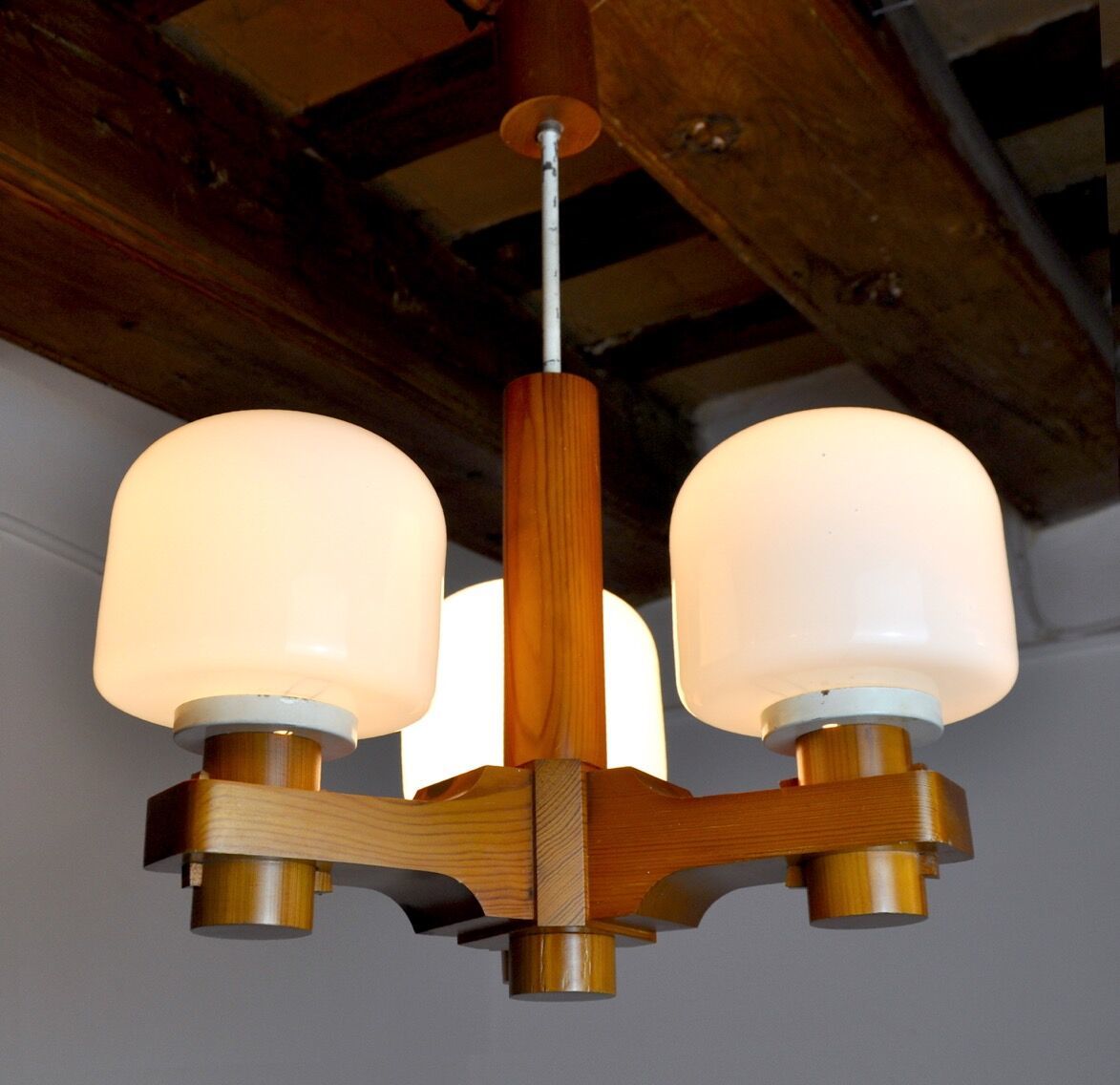 Nordic Chandelier In Wood And Opaline Denmark 1970 photo Lighting