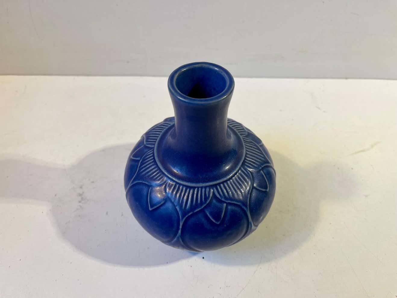Scandinavian Stoneware Vase With Blue Glaze From Lauritz Hjorth, 1950s photo vinterior