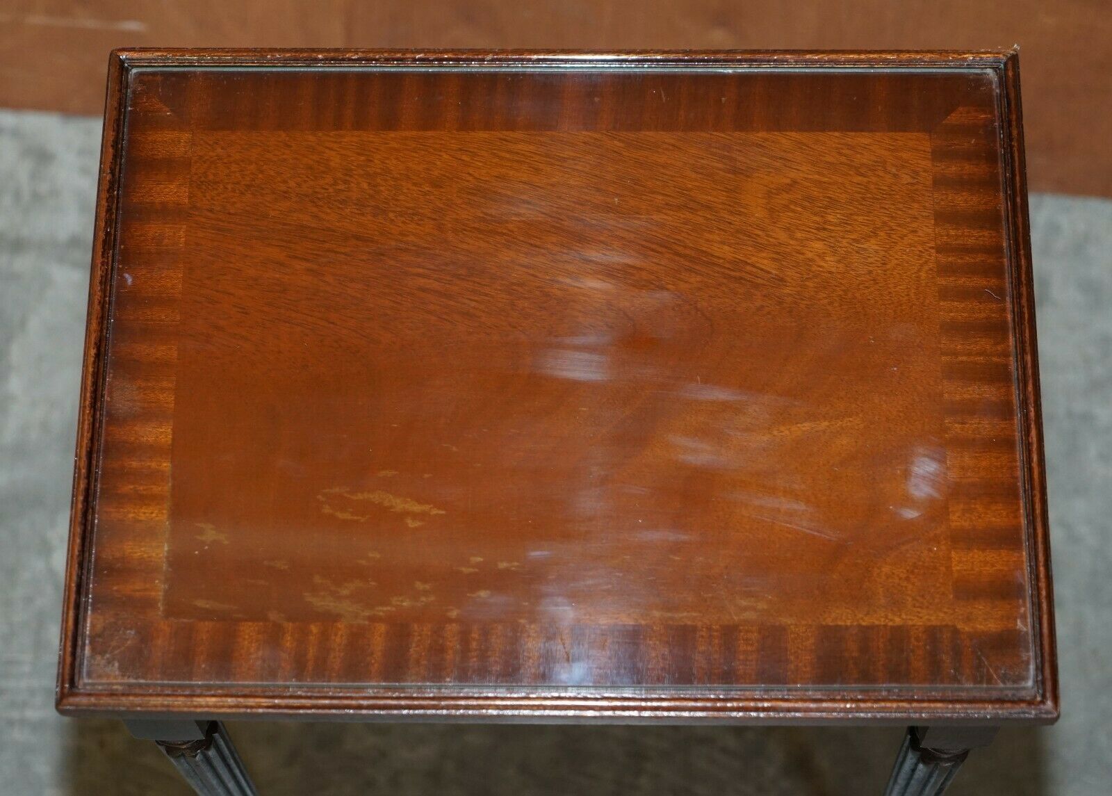 Vintage Nest Of Three Flamed Mahogany With Glass Tops Tables Ideal As Side End photo buy