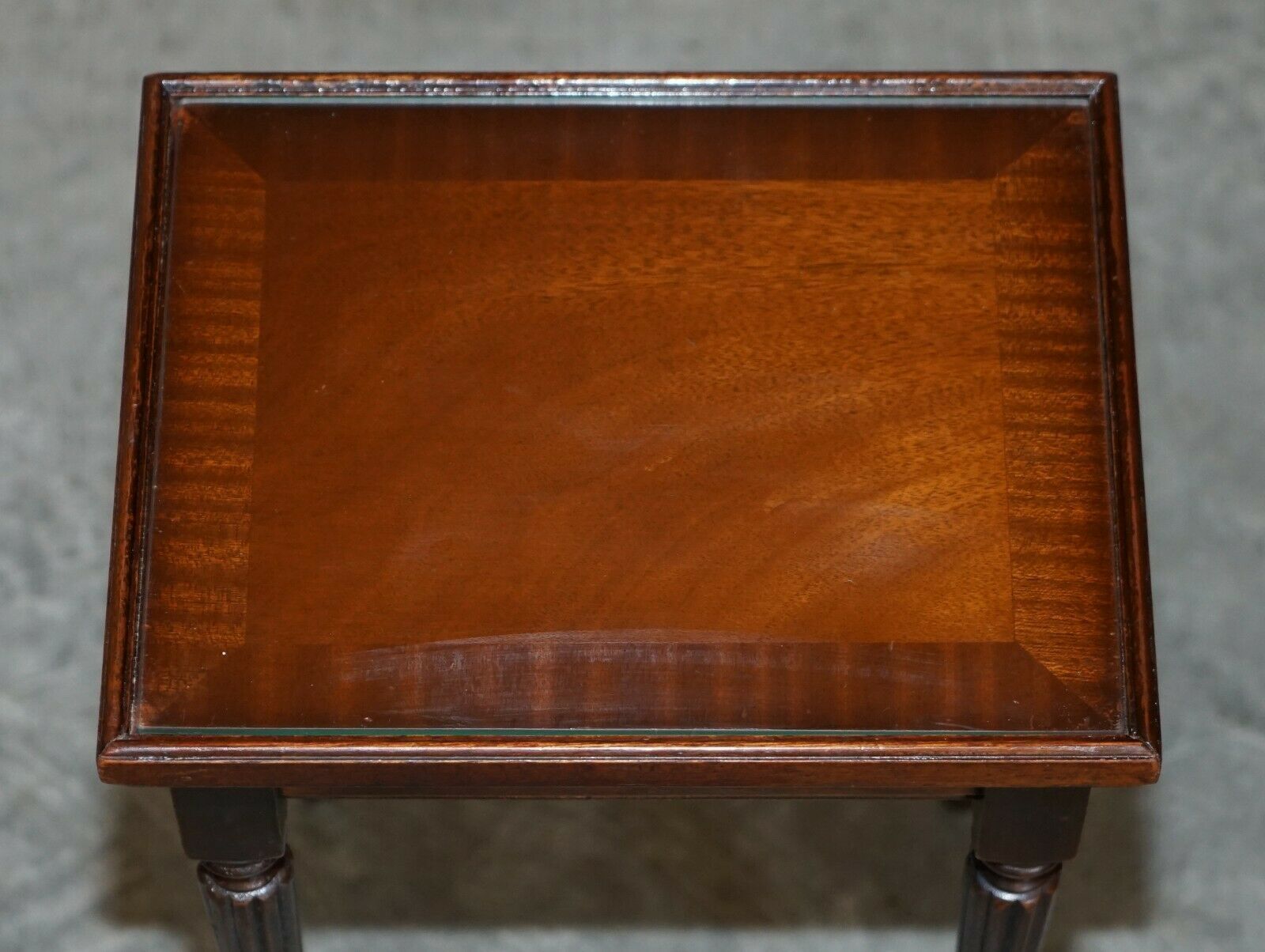 600.0 Vintage Nest Of Three Flamed Mahogany With Glass Tops Tables Ideal As Side End photo