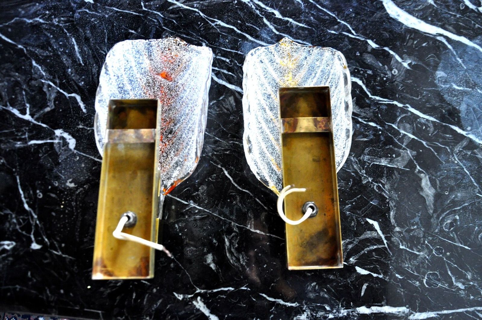 Pair Of Wall Lamps Leaves, Bicolore, Murano, Italy, 1970 photo vintage