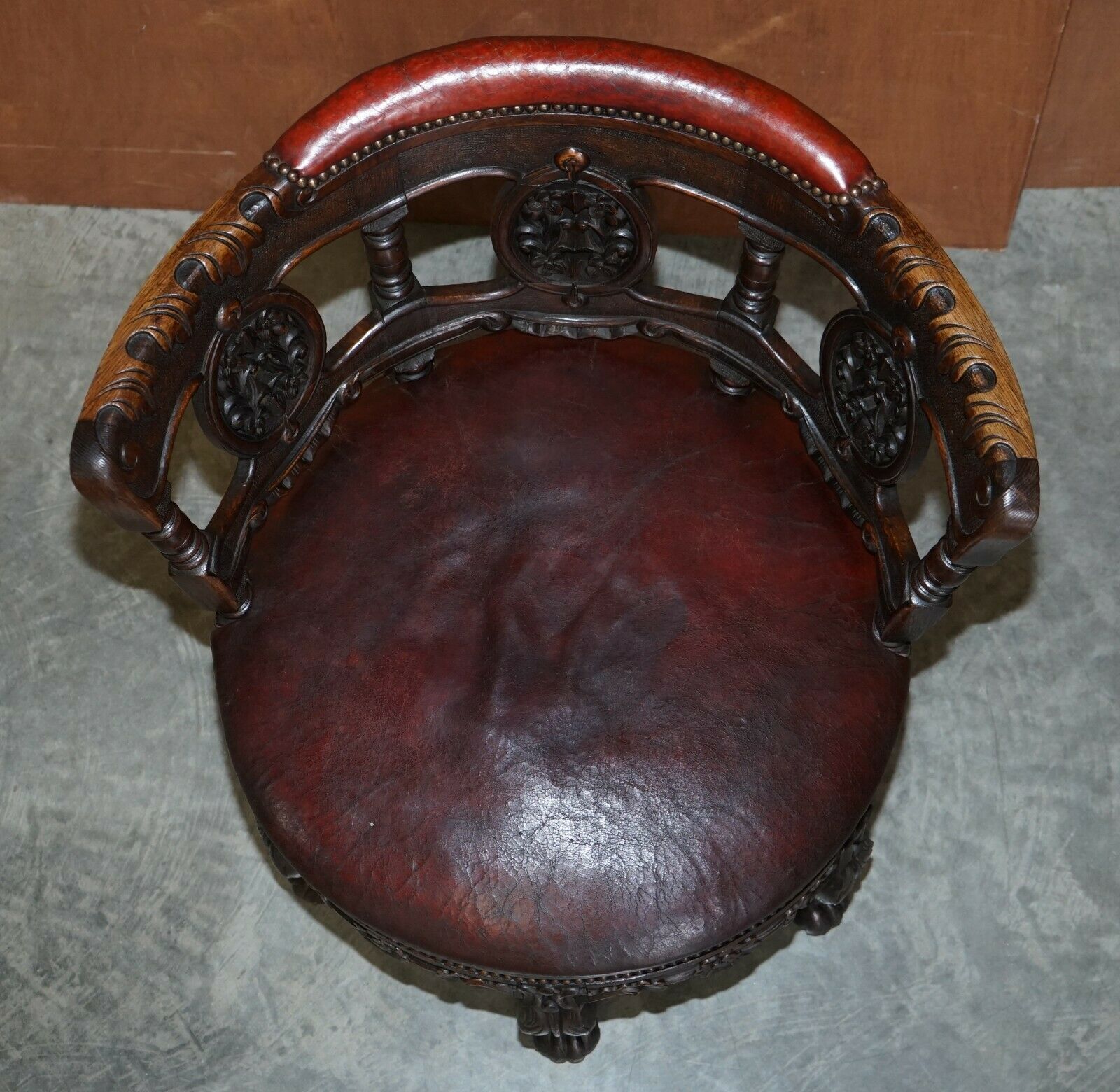 Antique Carved Victorian Oxblood Leather Burgermeister Chair 17th Century Design photo for sale
