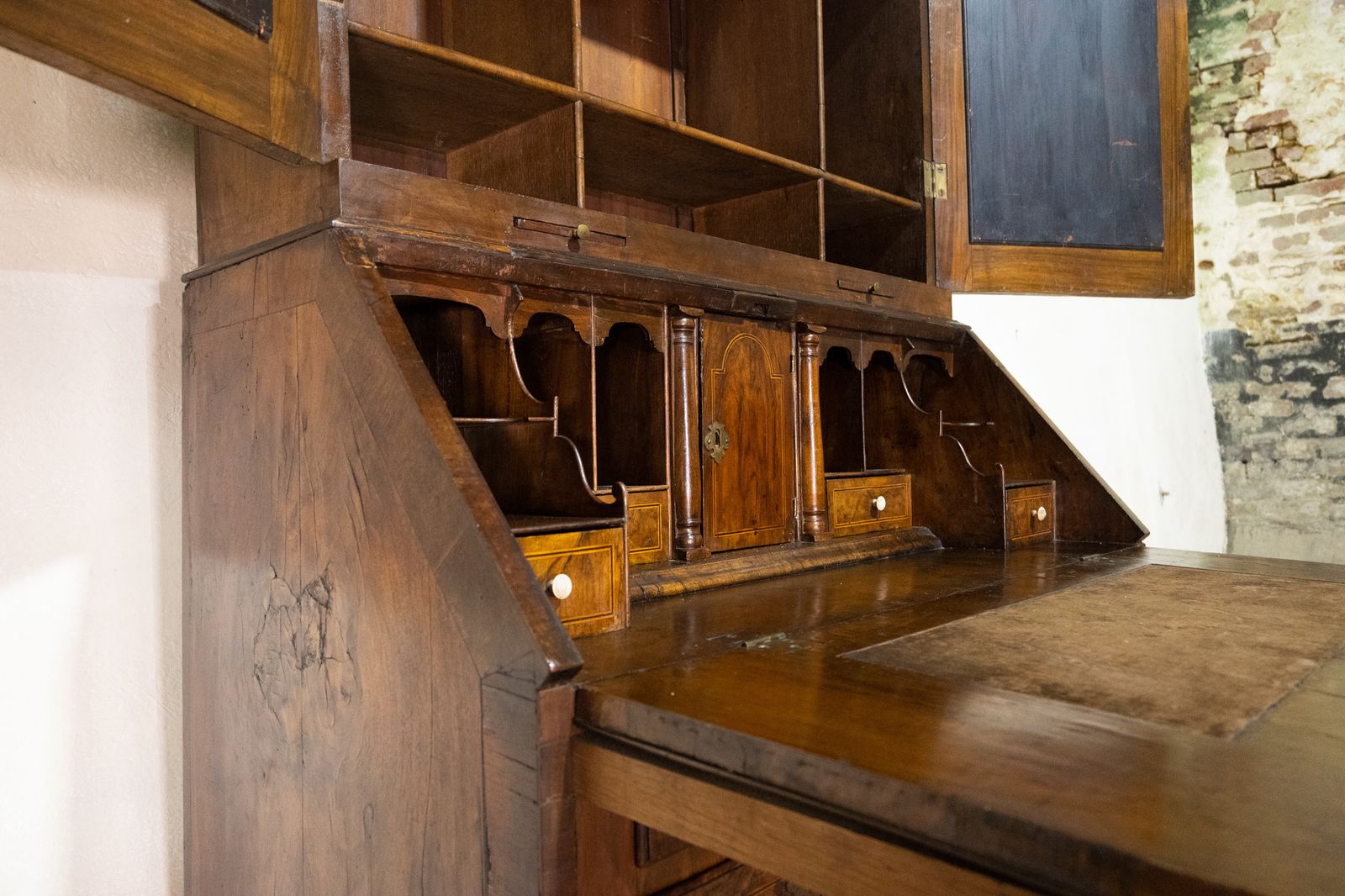 photo for sale An 18th Century George I Walnut & Feather Banded Fall Front Bureau Bookcase