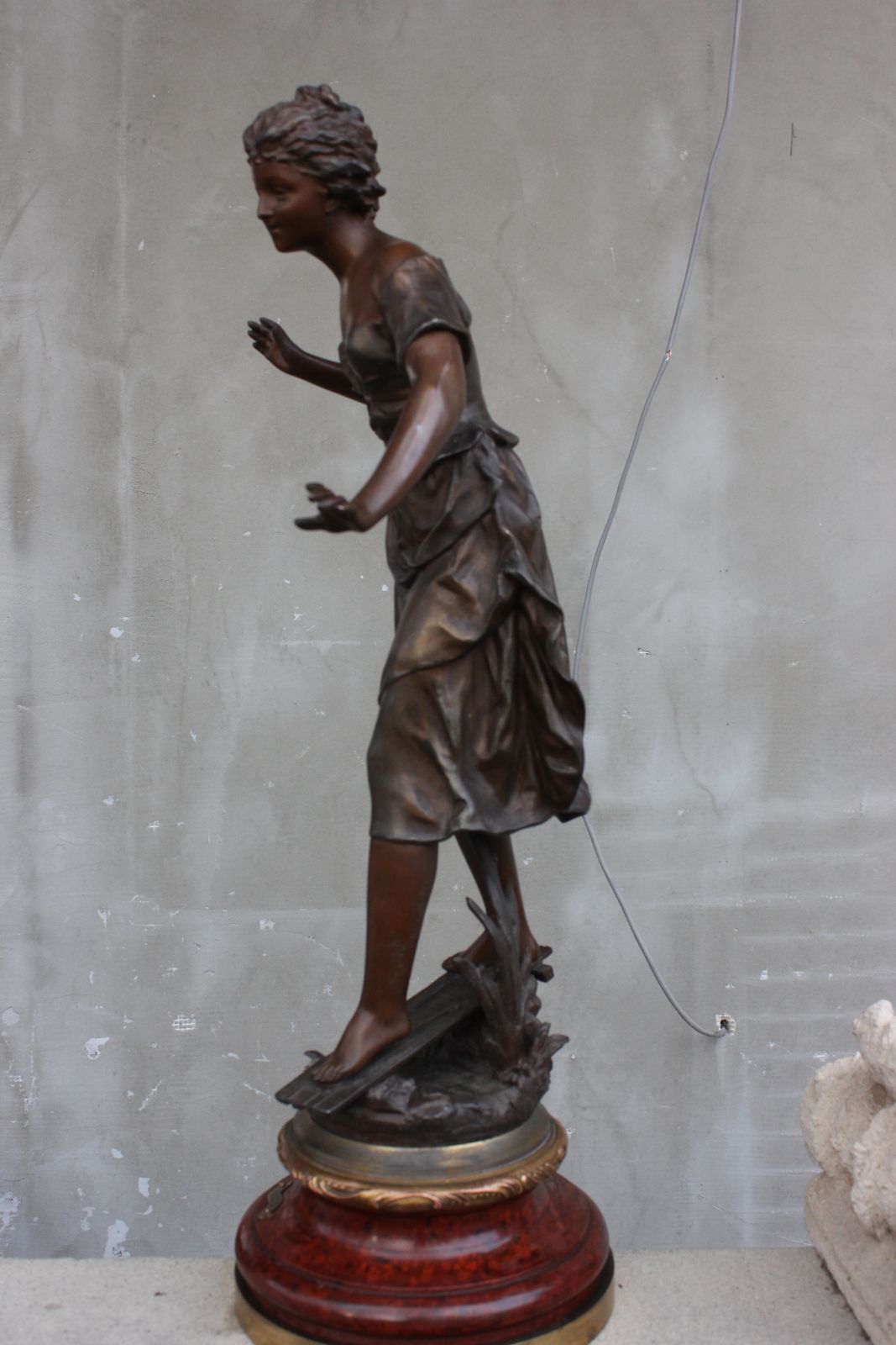 photo furniture French Original Rancoulet Signed Statue Spelter Beautiful Girl On Wood Base