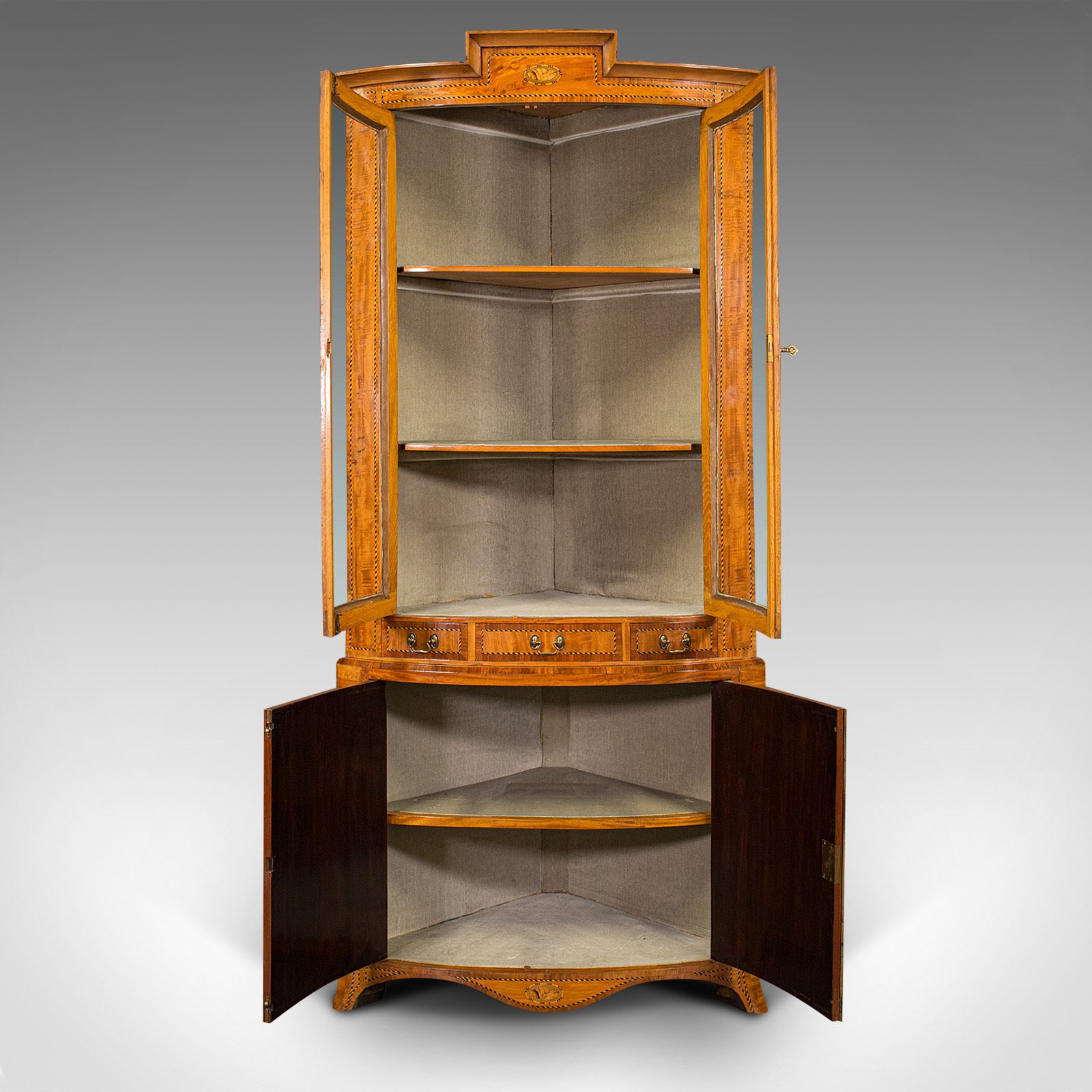 6750.0 Antique Showcase Corner Cabinet, Dutch, Satinwood, Display Case, 1880 photo
