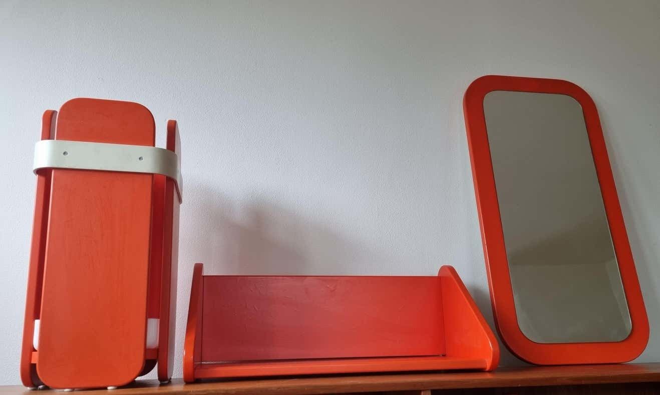 Mid Century Umbrella Stand, Mirror And Shelf Meblo, Space Age, 1970s photo furniture