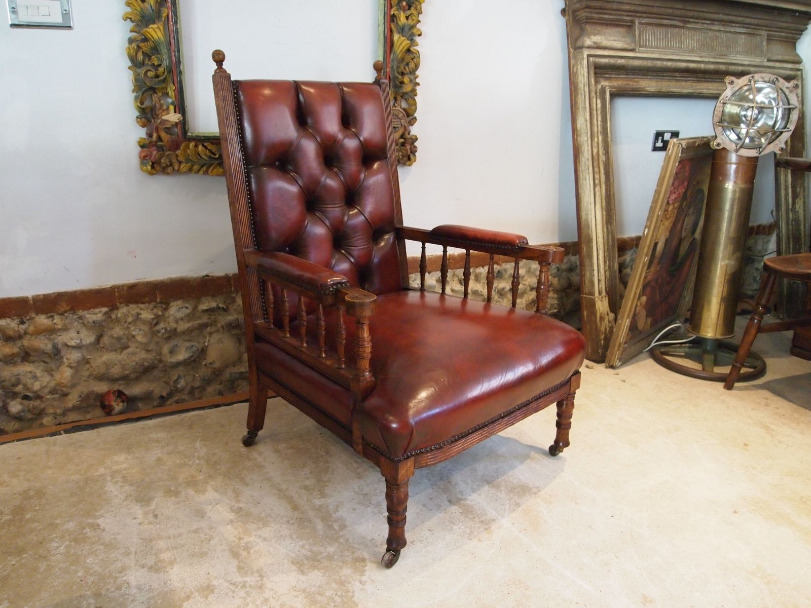 Chair Fine Early Victorian Oak & Chestnut Leather Armchair C1840 photo vinterior