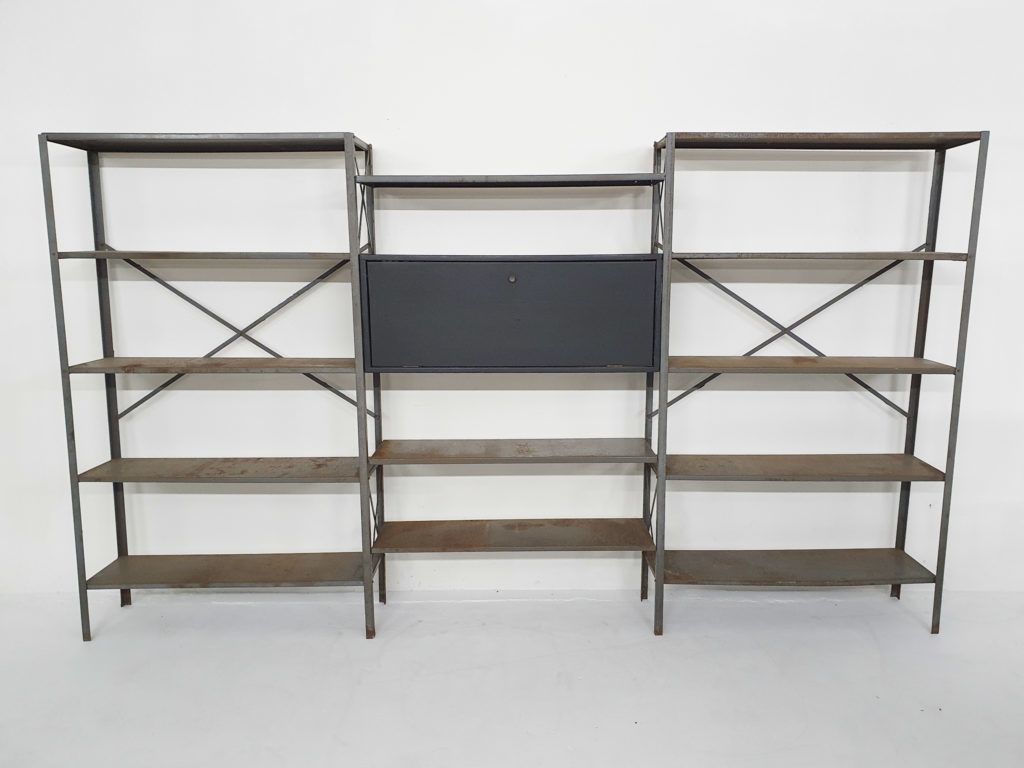 Large Industrial Metal And Wooden Wall Unit, Attrb Gispen, The Netherlands 1950's