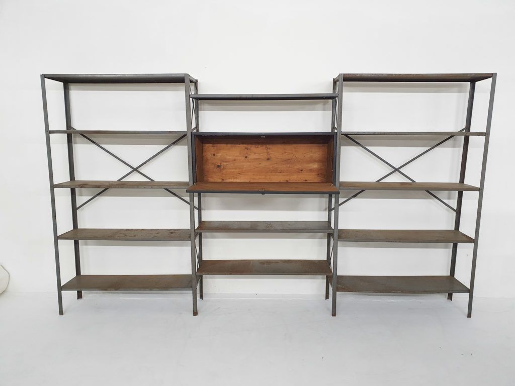 Large Industrial Metal And Wooden Wall Unit, Attrb Gispen, The Netherlands 1950's photo furniture