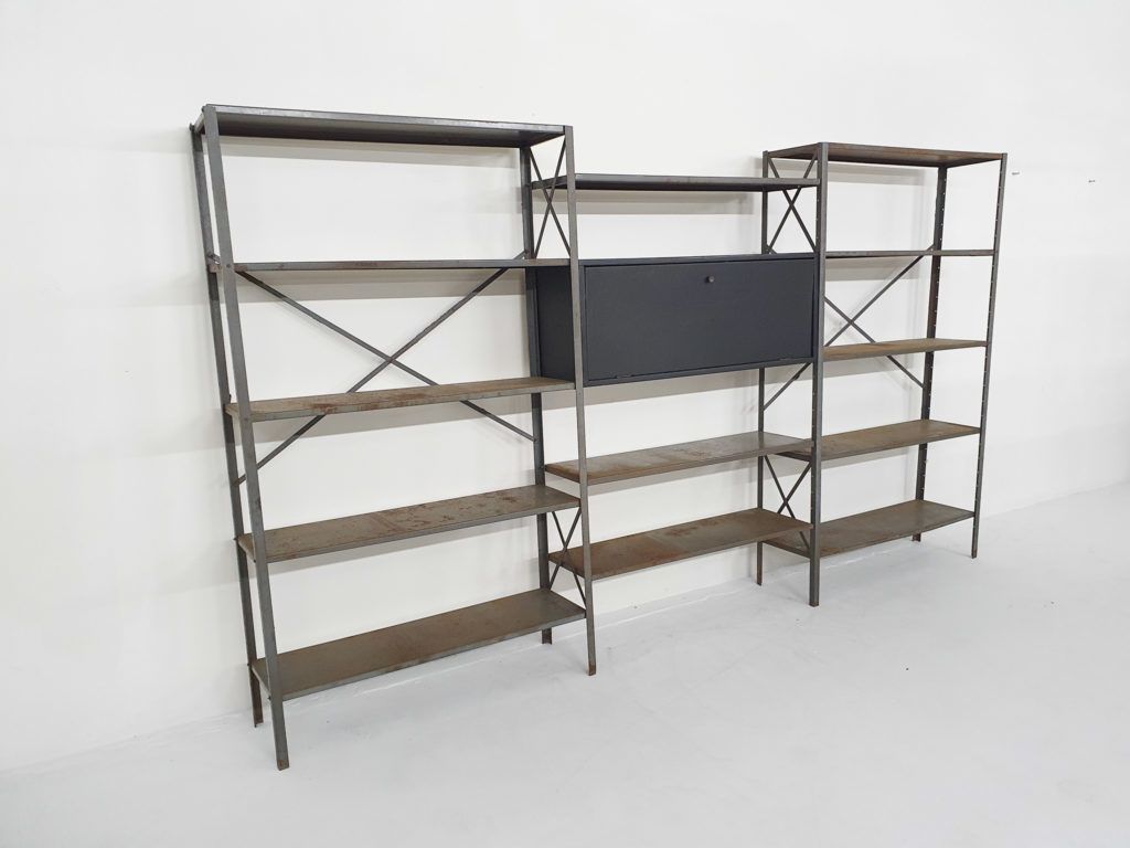 Large Industrial Metal And Wooden Wall Unit, Attrb Gispen, The Netherlands 1950's photo for sale