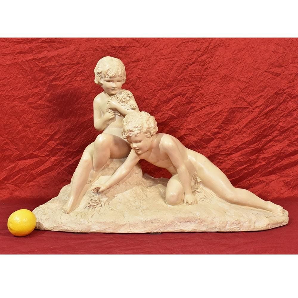 Art Deco Sculpture, Terracotta, Two Children Playing, Ugo Cipriani, 20th Century. (Stte70)