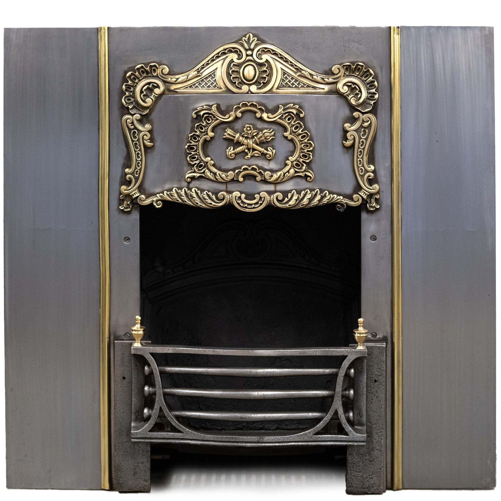 Ornate Antique Polished Cast Iron & Brass Fireplace Insert