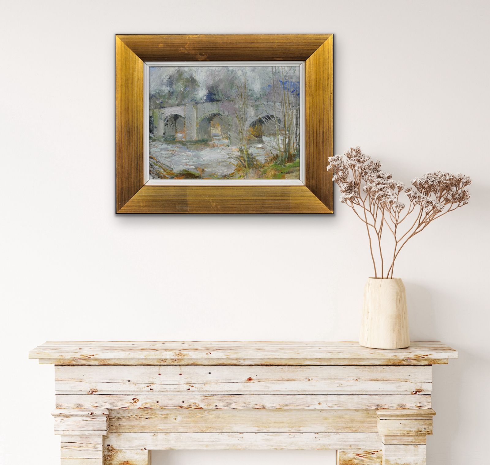 1495.0 Anthony Morris B.1938.  English. Llangynidr Bridge Over The River Usk, Wales In Winter. Oil On Board. Framed .Powys. Crickhowell. Welsh Landmark. photo