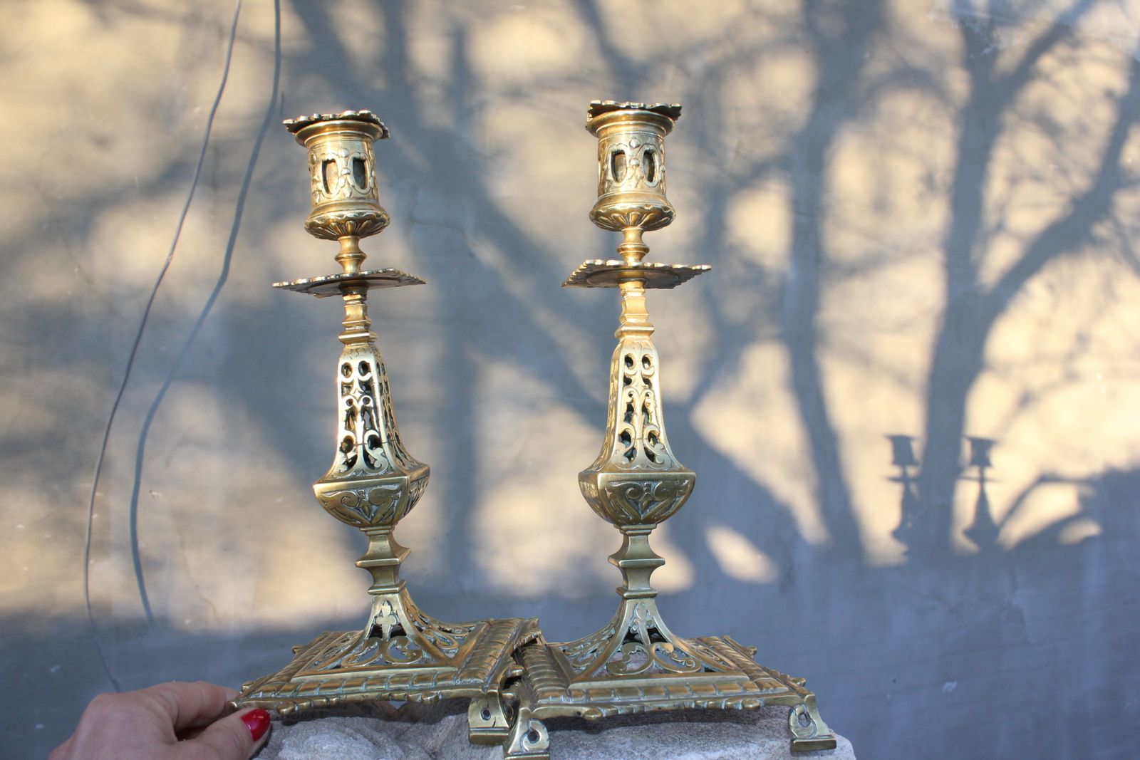 Two Antique Bronze Candle Holders French Style photo vintage
