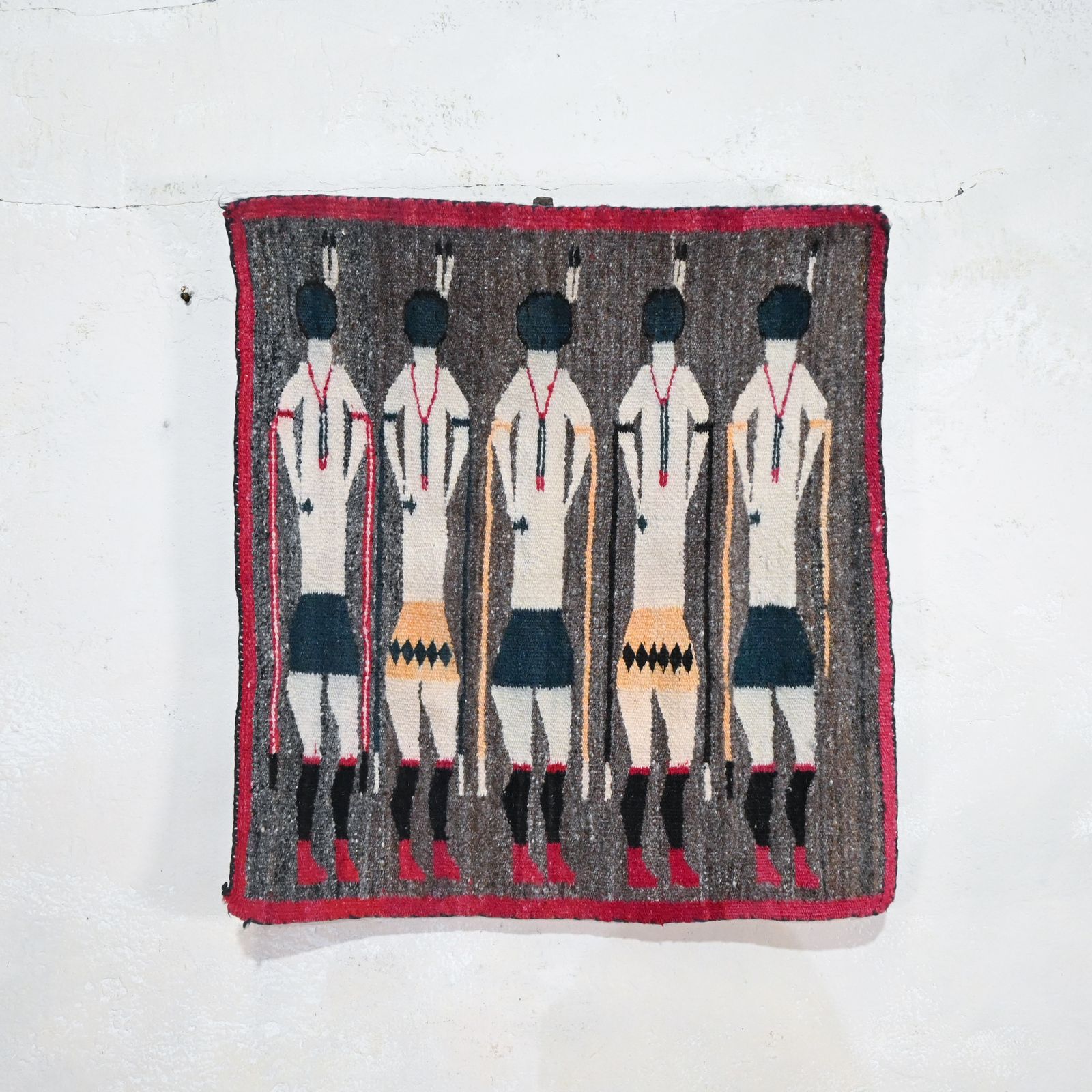 A Yei Navajo Figural Double Sided Flat Woven Wall Hanging 1930 Round Heads