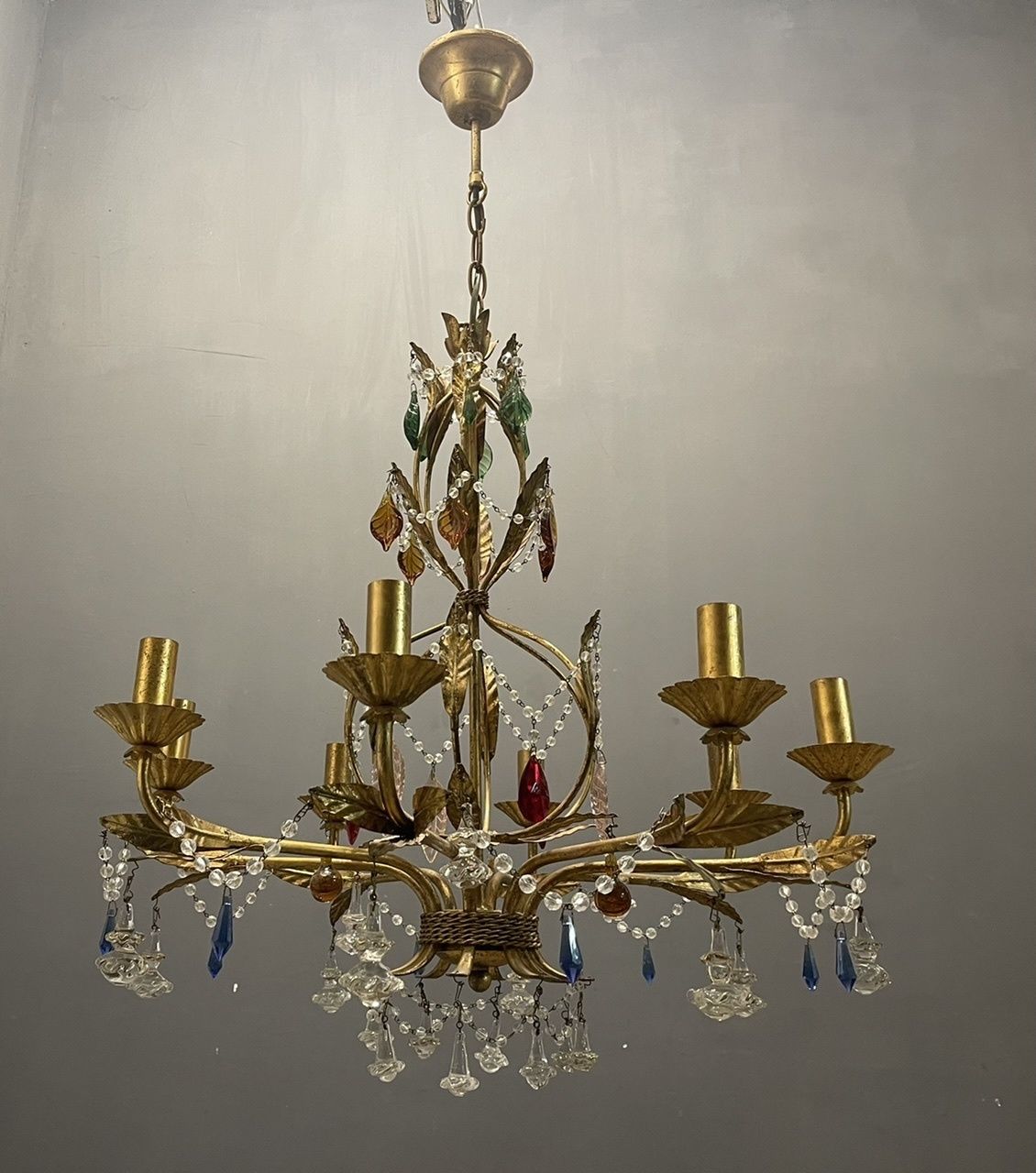 Italian Florentine Gold Gilded Murano Glass Chandelier photo vintage