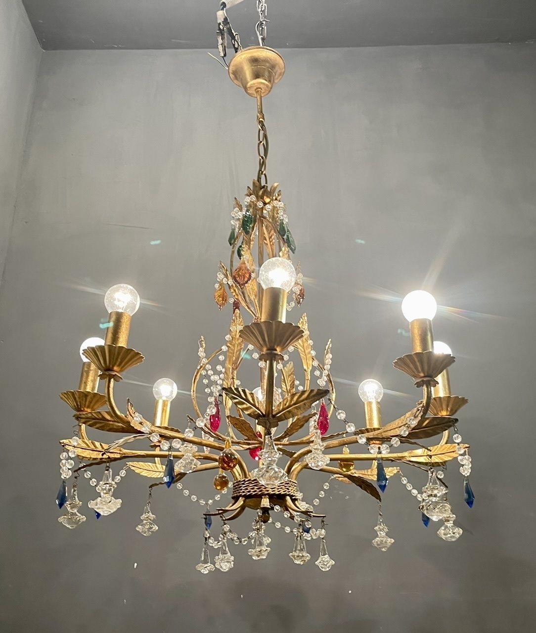 photo vintage Italian Florentine Gold Gilded Murano Glass Chandelier