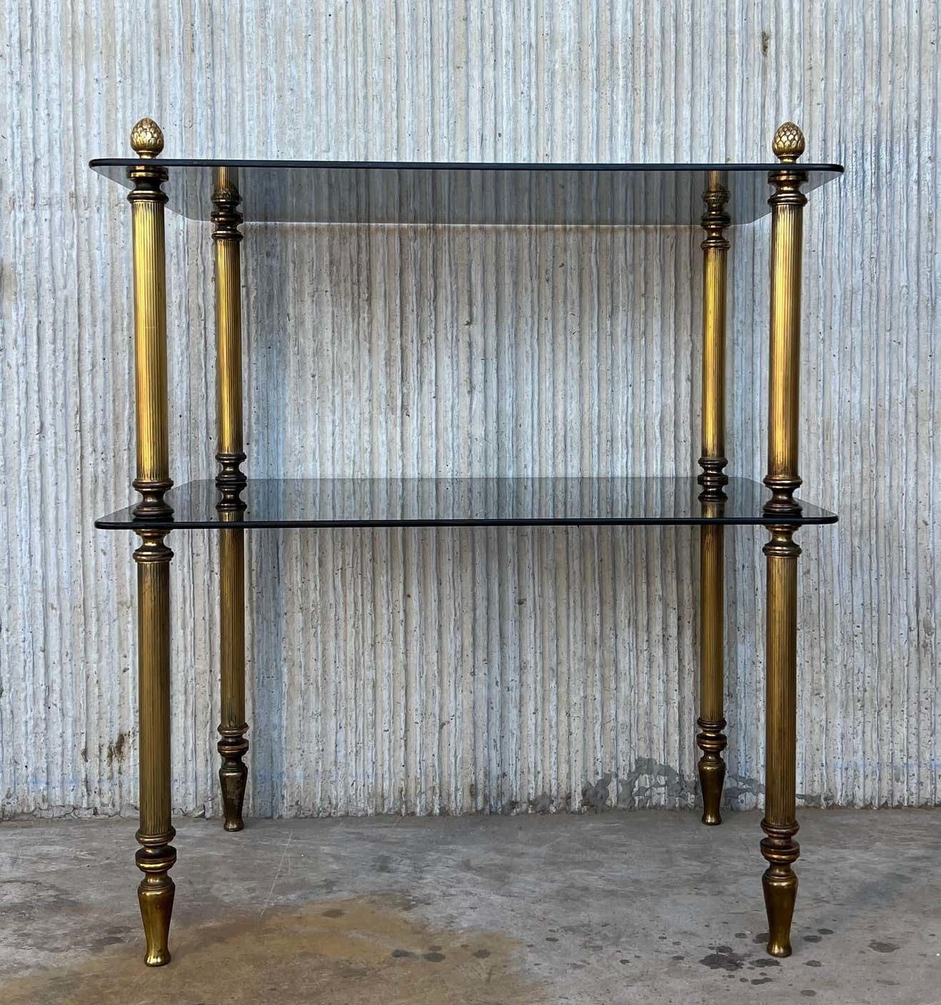 Table basse Hollywood Regency en bronze avec plateau en verre fumé, début du XXe siècle photo vinterior