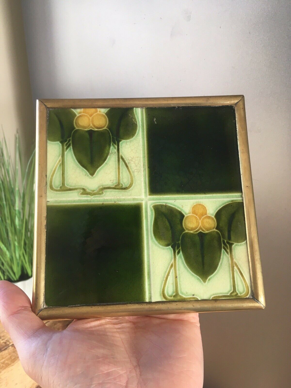 Art Nouveau Quartered Stylised Leaf Brass Tile Trivet Teapot Stand Not Minton photo buy