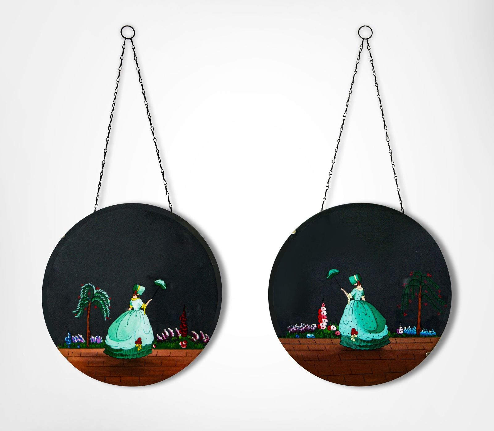 1930s Set Of Stained Glass Hand Painted Mirrored Roundels