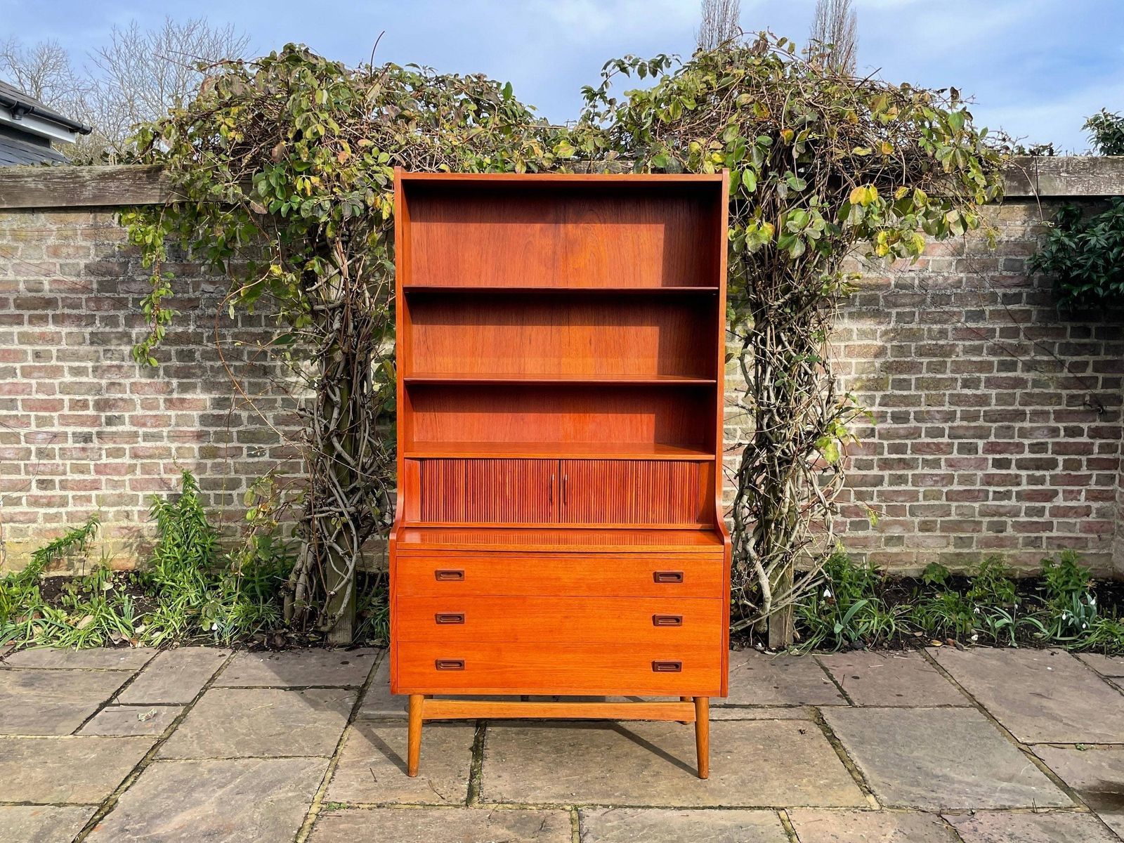 Teak Tambour Fronted Danish Secretaire Bureau With Pull Out Desk 1950's