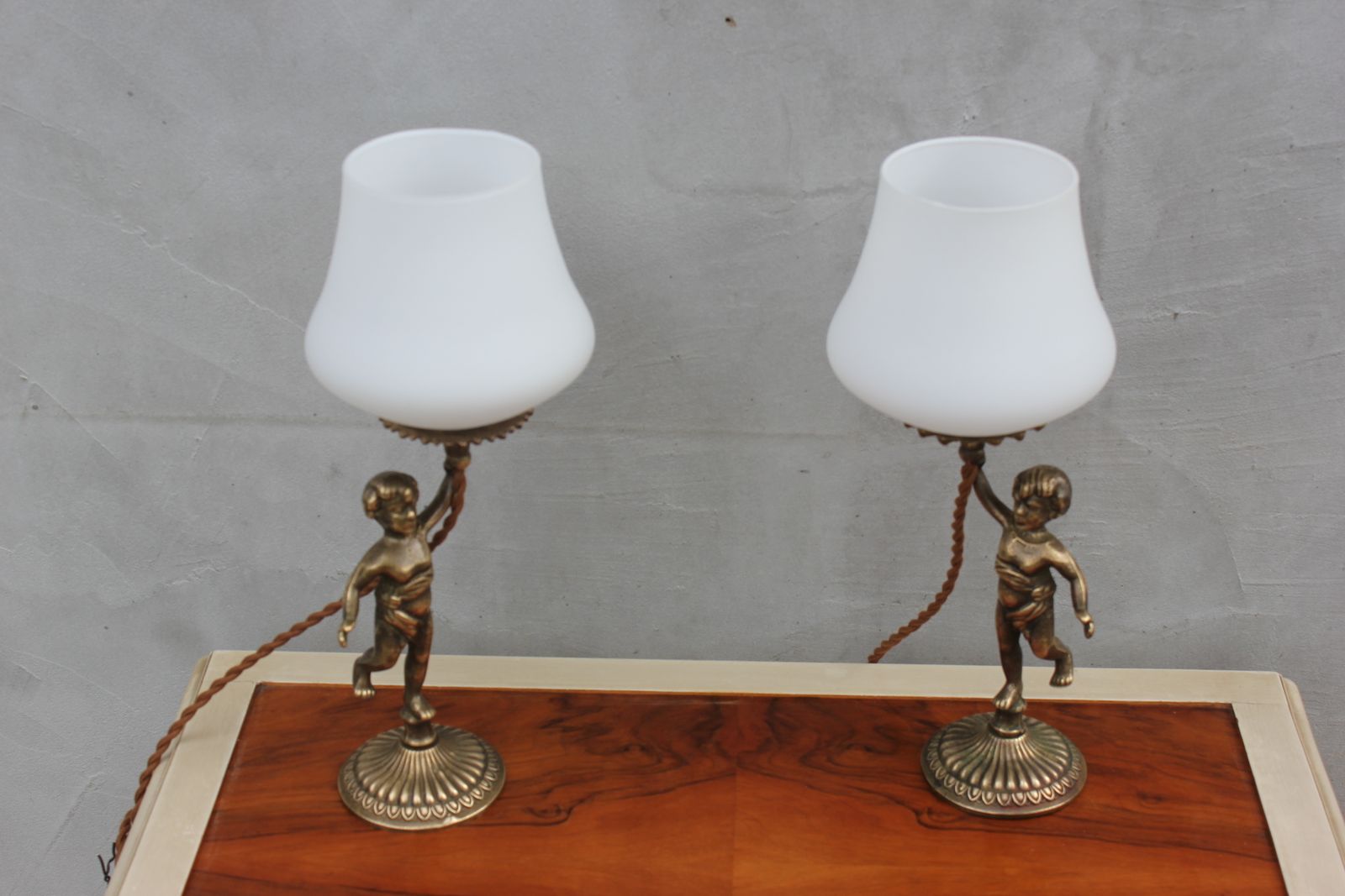 Brass Cherub Bedside Lamps Pair Baroque Table Lamps With White Glass Shades photo for sale