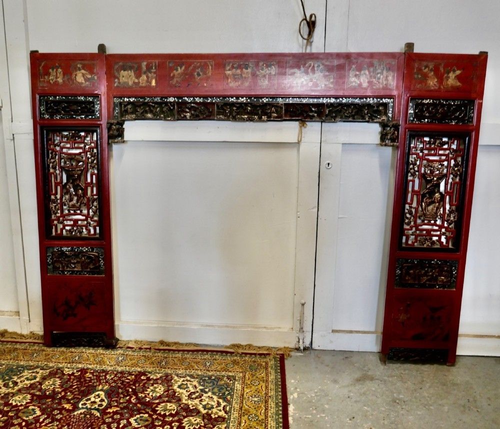19th Century Decorative Painted Red Lacquer Opium Bed Panels