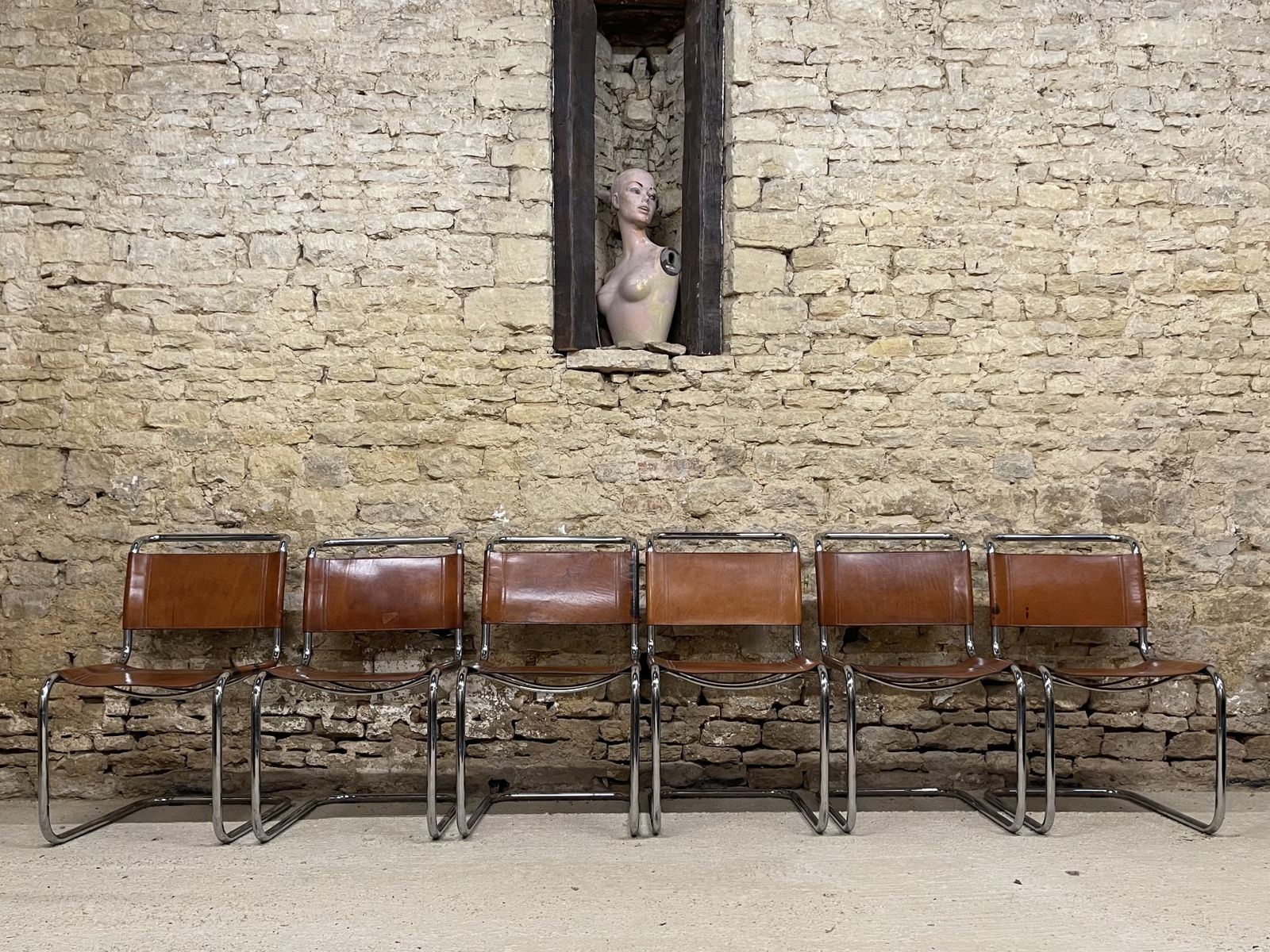 Mart Stam Marcel Breuer S33 Set Of Six Fasem Chrome Tan Brown Leather Cantilever Bauhaus 6 Dining Chairs