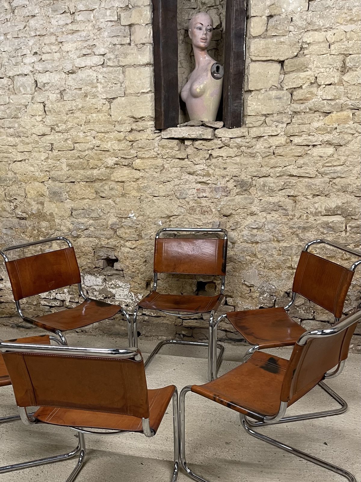 4995.0 Mart Stam Marcel Breuer S33 Set Of Six Fasem Chrome Tan Brown Leather Cantilever Bauhaus 6 Dining Chairs photo
