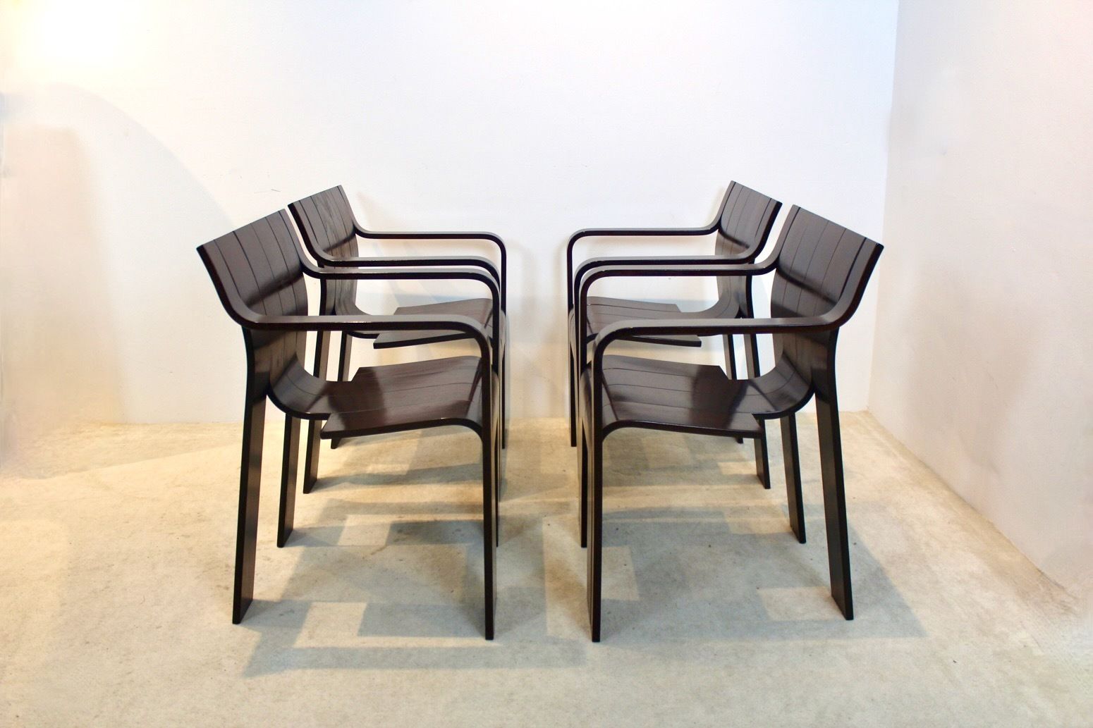 Set Of Four Strip  Dining Chairs With Armrests In Dark Brown Ashwood By Gijs Bakker For Castelijn photo 4976.4