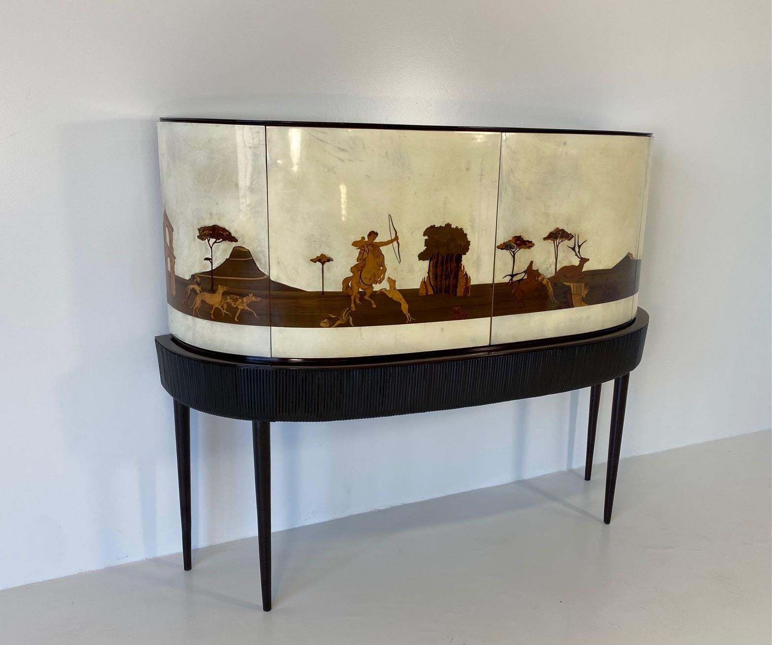 Italian Art Deco Bar Cabinet In Parchment With Inlays Signed By Anzani 1930s photo Furniture