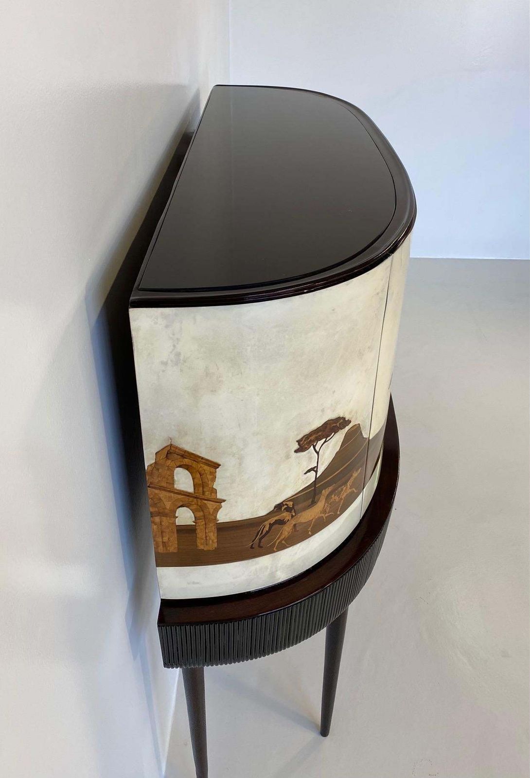 Italian Art Deco Bar Cabinet In Parchment With Inlays Signed By Anzani 1930s photo vinterior