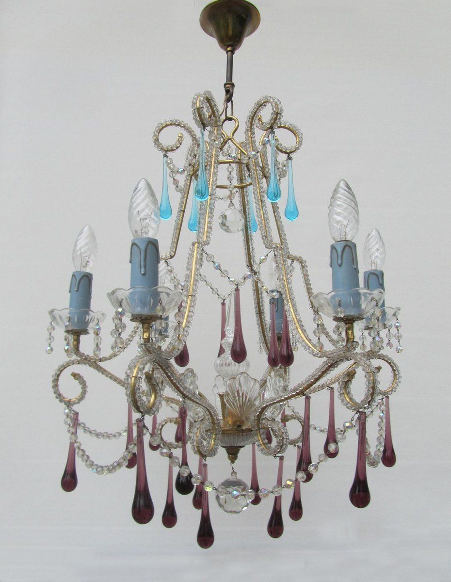Vintage Italian Crystal Beaded 6 Light Chandelier With Purple & Azure Drops