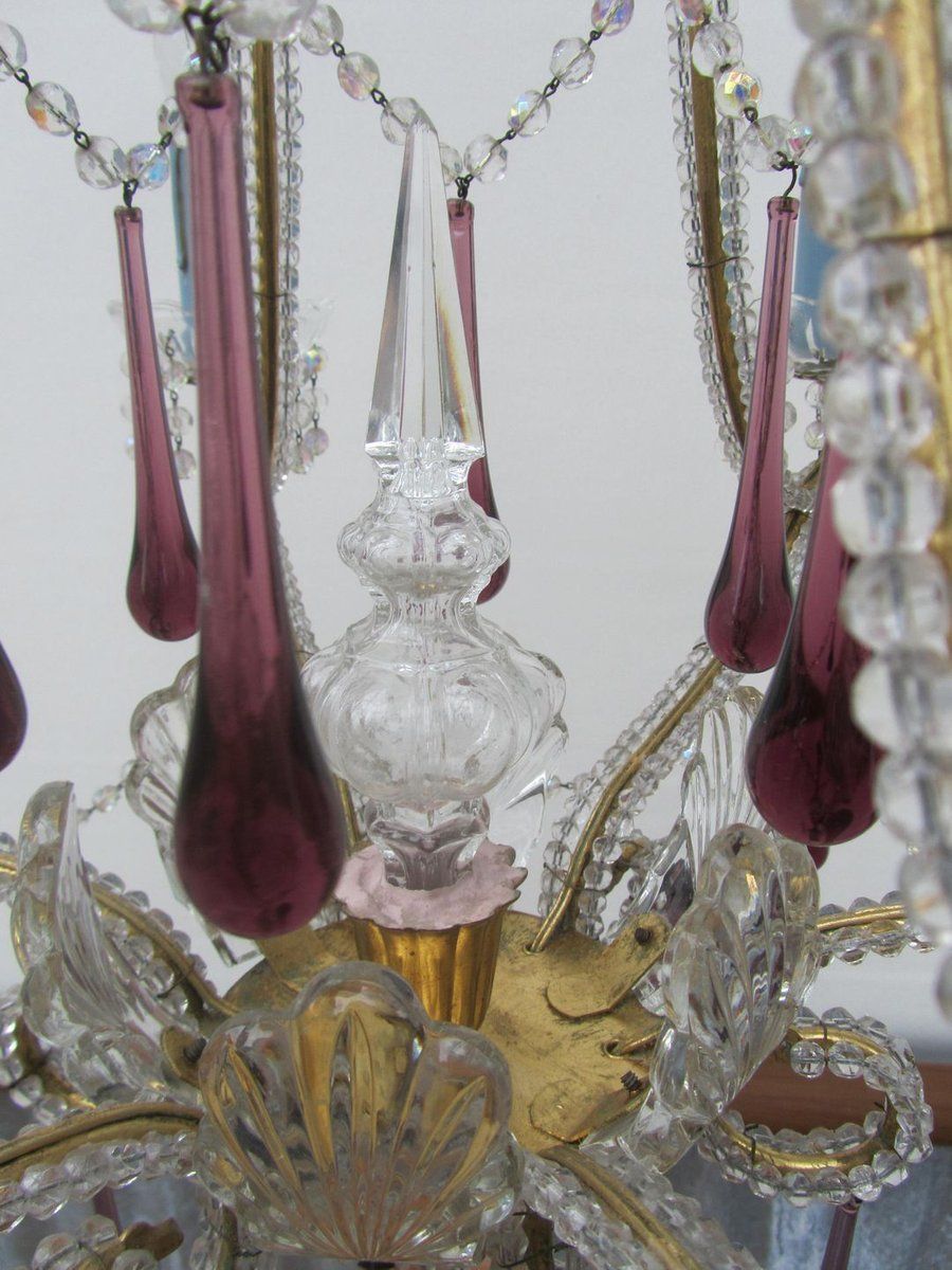 Vintage Italian Crystal Beaded 6 Light Chandelier With Purple & Azure Drops photo vinterior