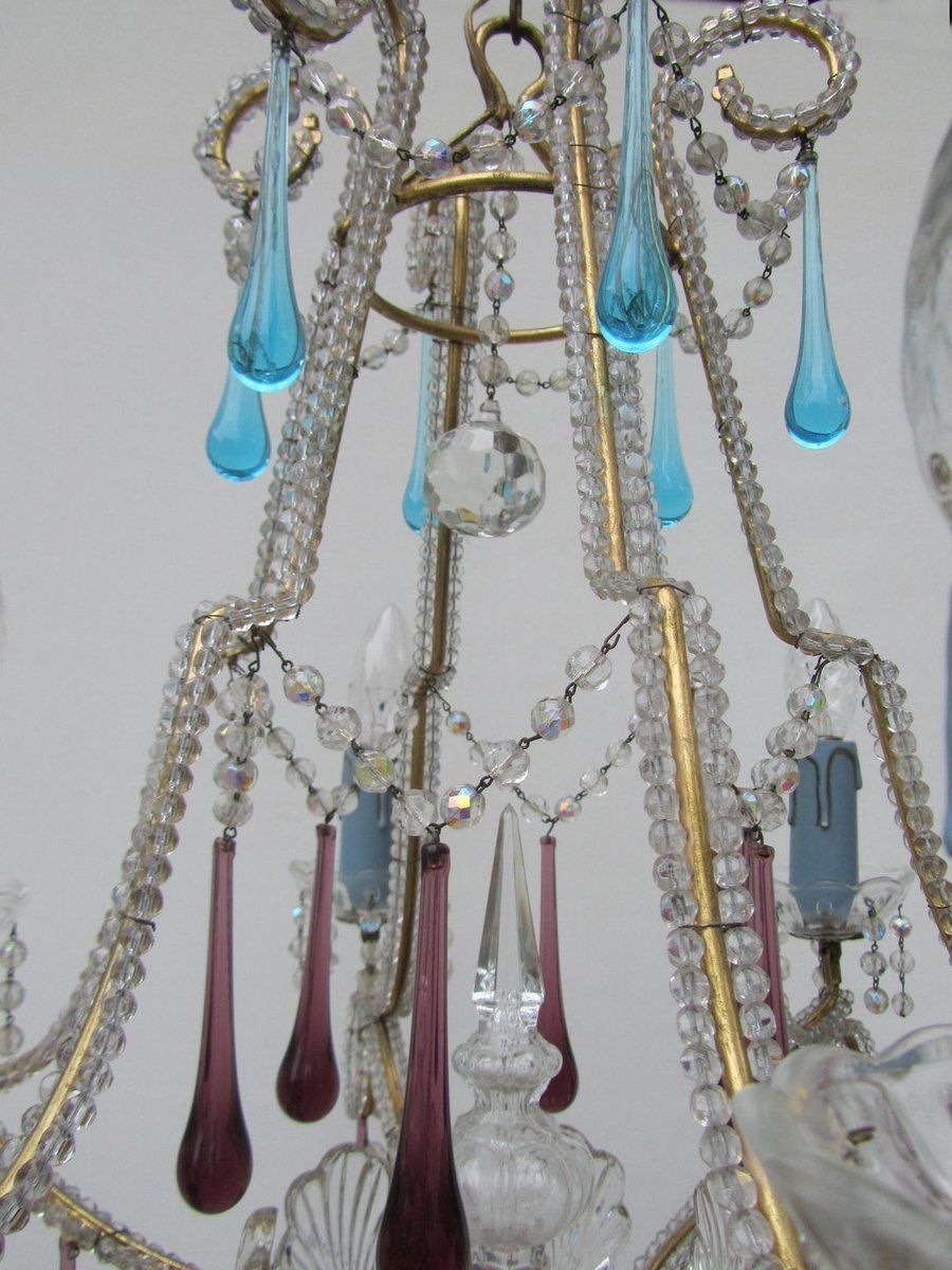 Vintage Italian Crystal Beaded 6 Light Chandelier With Purple & Azure Drops photo buy