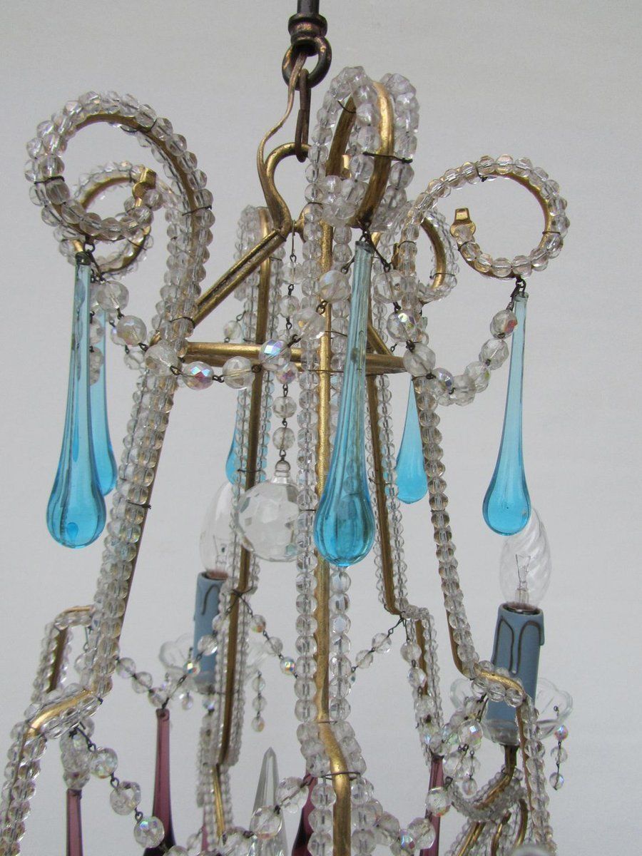 Vintage Italian Crystal Beaded 6 Light Chandelier With Purple & Azure Drops photo vintage