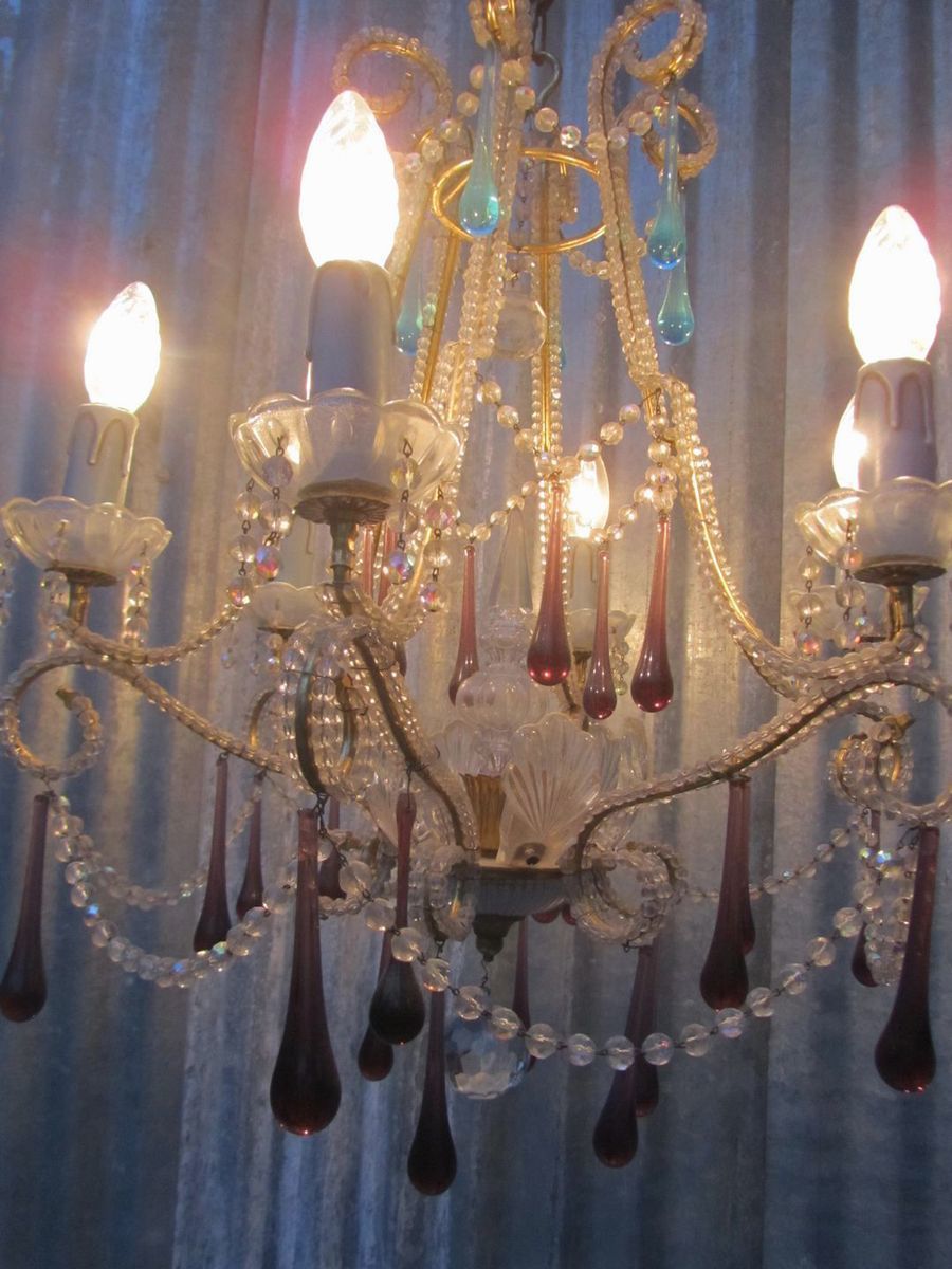 photo buy Vintage Italian Crystal Beaded 6 Light Chandelier With Purple & Azure Drops