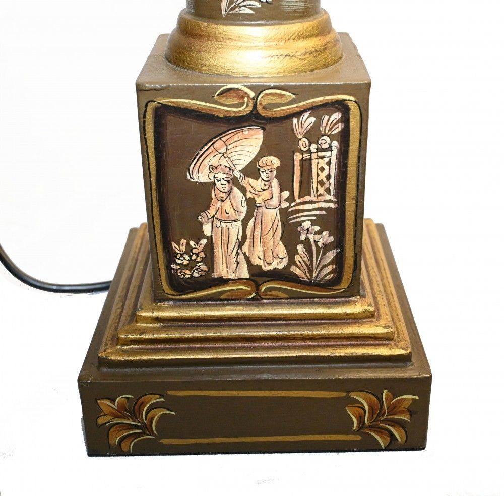 Pair Chinoiserie Lights Column Lamps Lacquer photo for sale