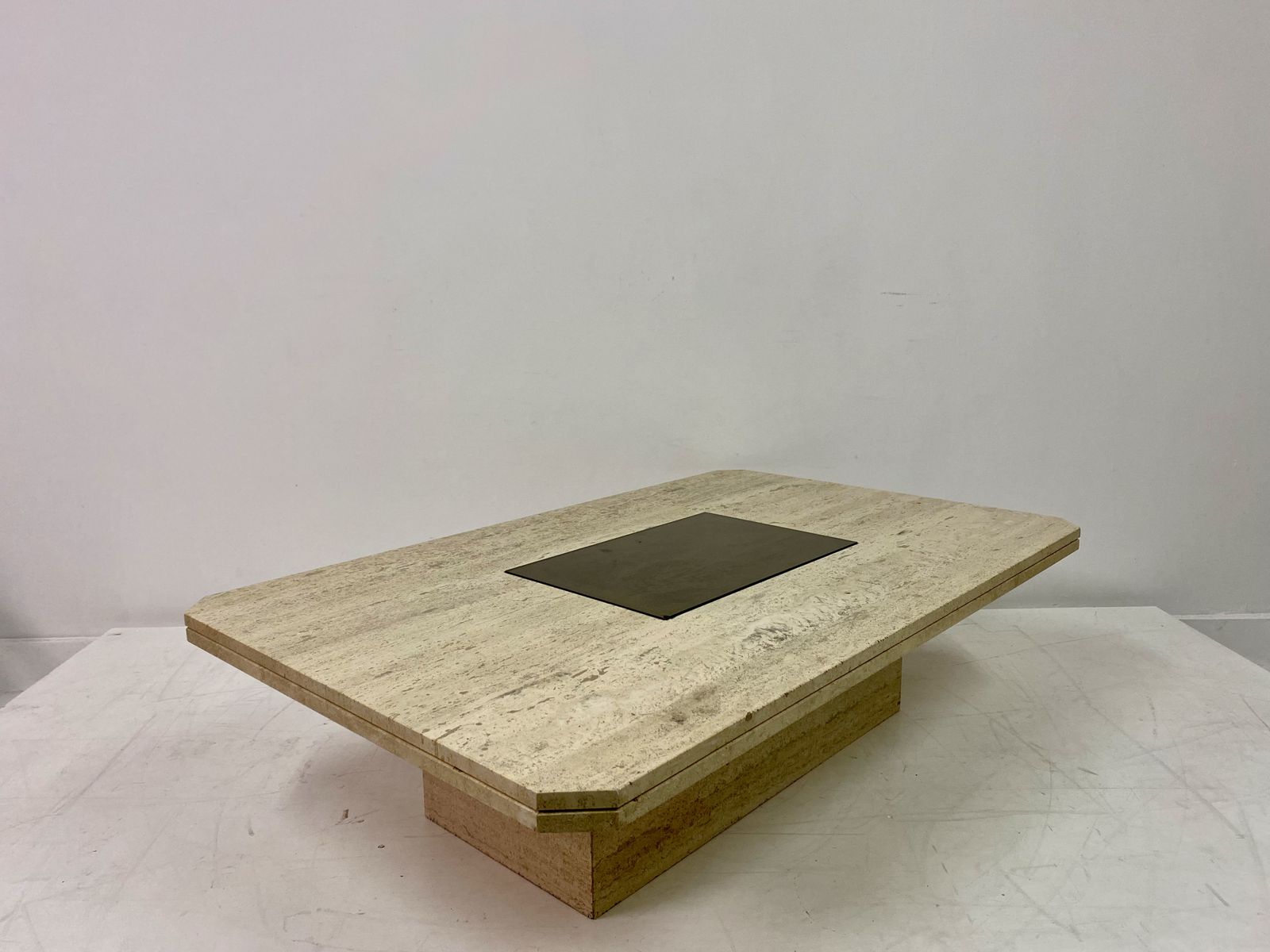 photo for sale 1970s Travertine And Brass Coffee Table