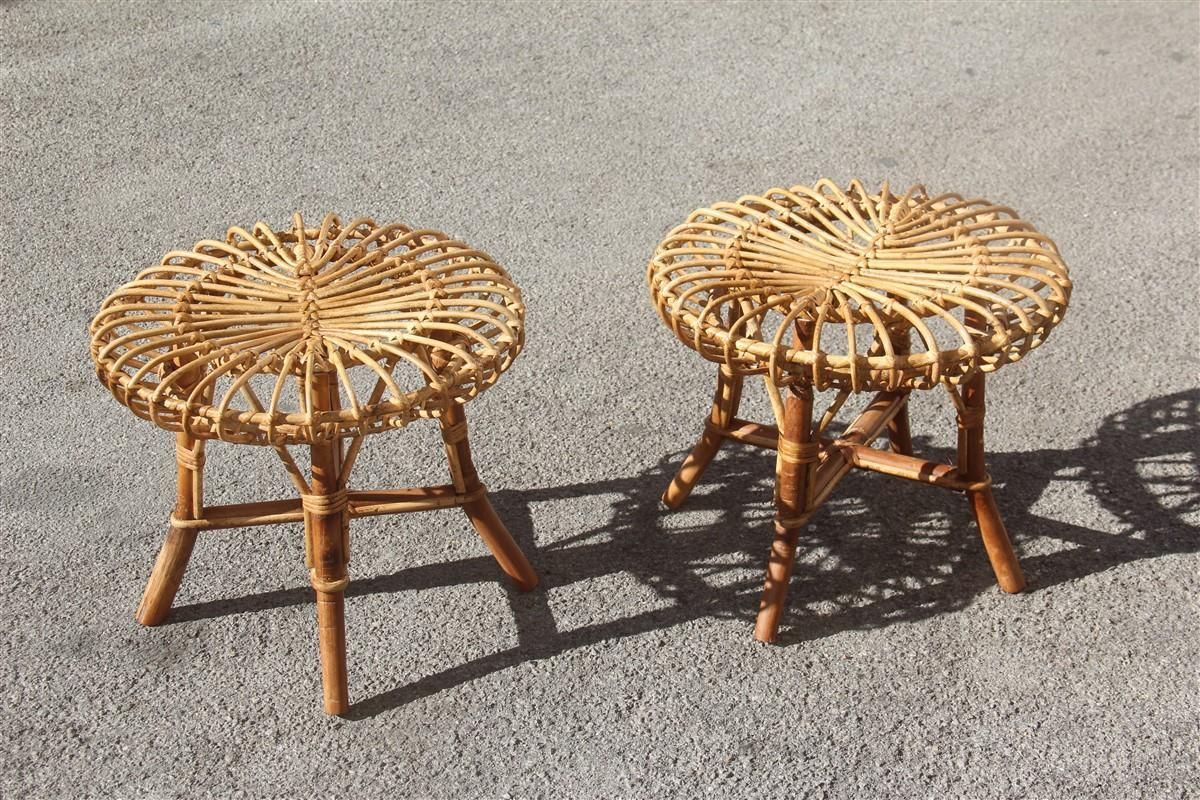 Pair Of Round Midcentury Stools Bamboo Curved Minimal Italian Design Brown photo 1520.0