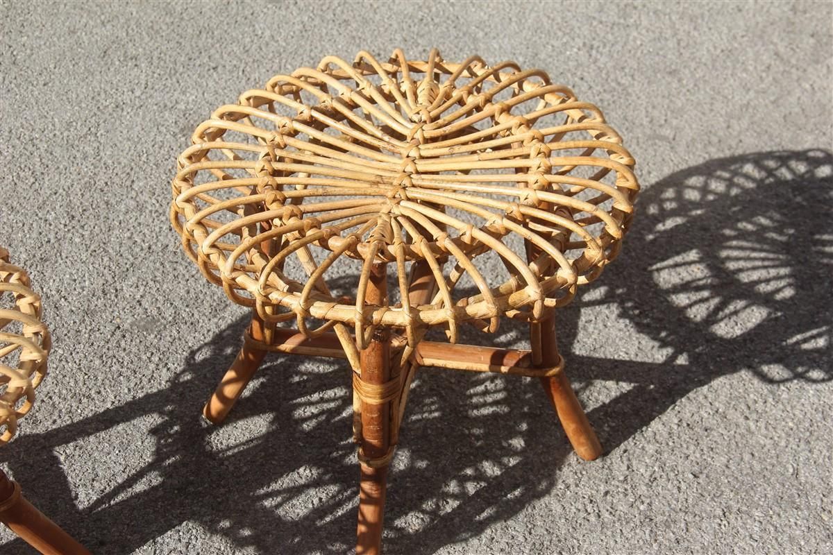 Pair Of Round Midcentury Stools Bamboo Curved Minimal Italian Design Brown photo vintage