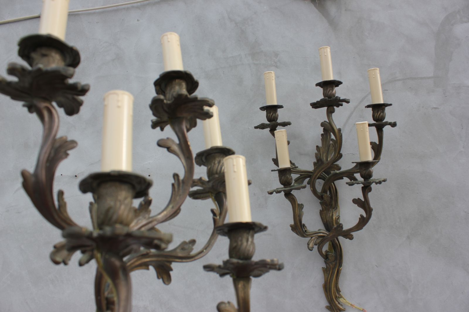 Pair Of Large Wall Lamps With 5 Bulb Lights Of Louis XV Rococo Style Bronze Sconces photo vinterior